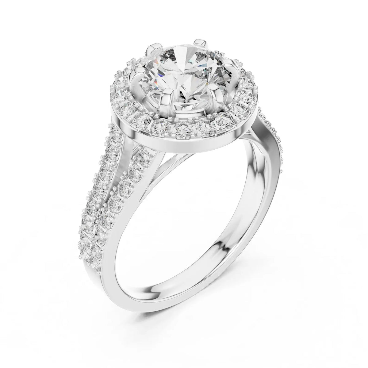 High three-quarter angle view of a 3 CT round lab diamond engagement ring with split shank in 14K white gold.
