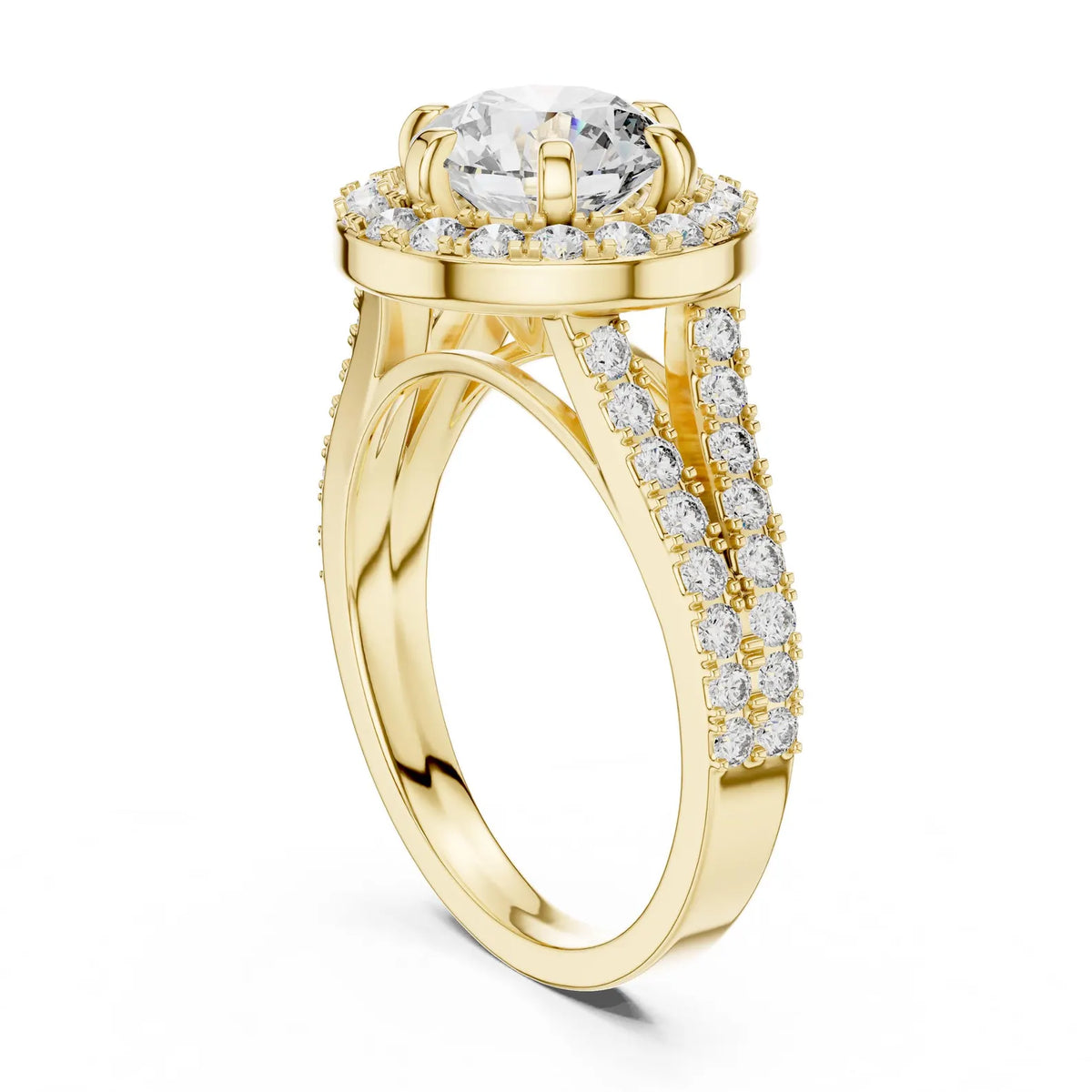 Vertical three-quarter angle view of a 3 CT round lab-grown diamond halo ring with split band in yellow gold.