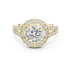 Front top view of a 3 CT round brilliant lab diamond ring with halo frame and pavé split shank in 14K yellow gold.