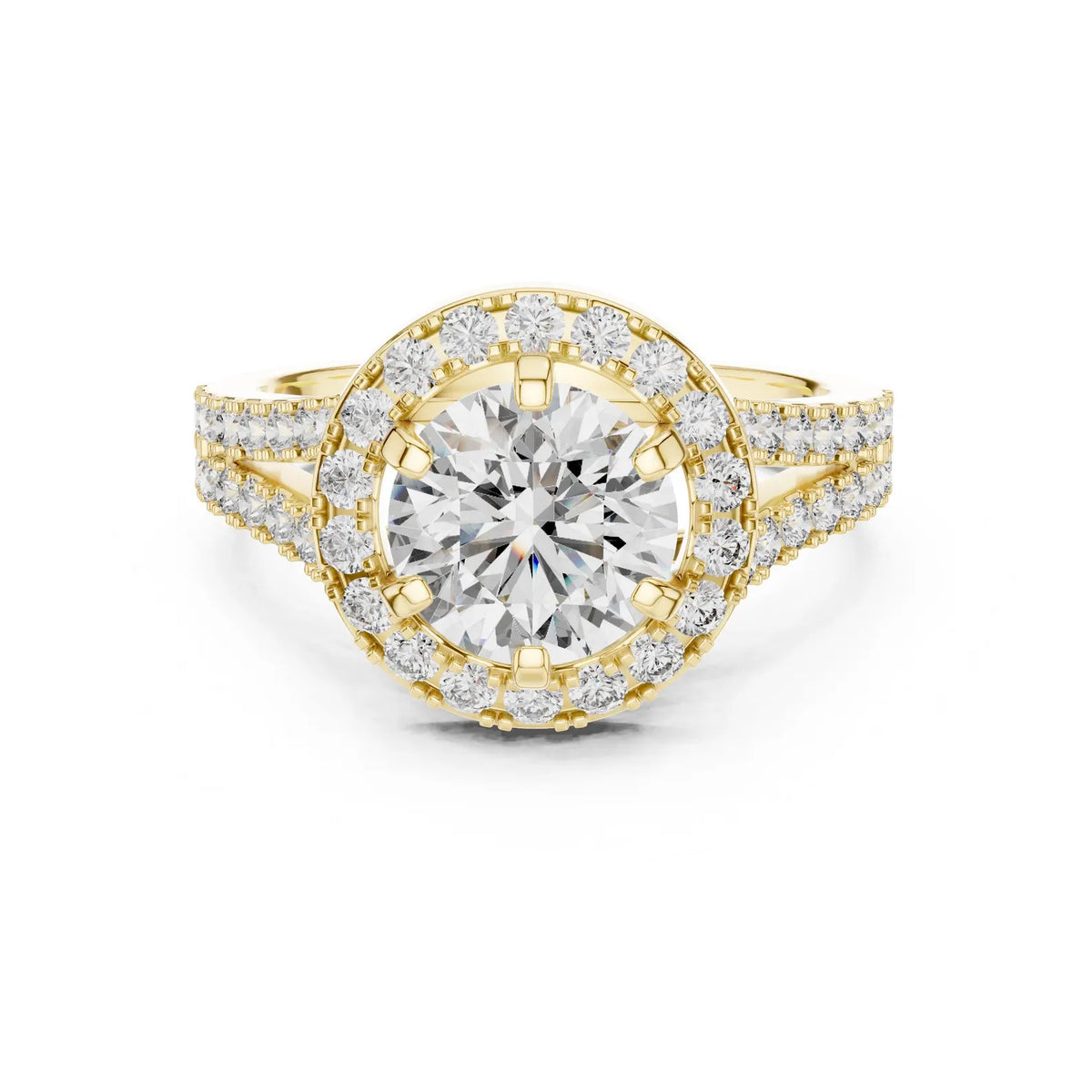 Front top view of a 3 CT round brilliant lab diamond ring with halo frame and pavé split shank in 14K yellow gold.