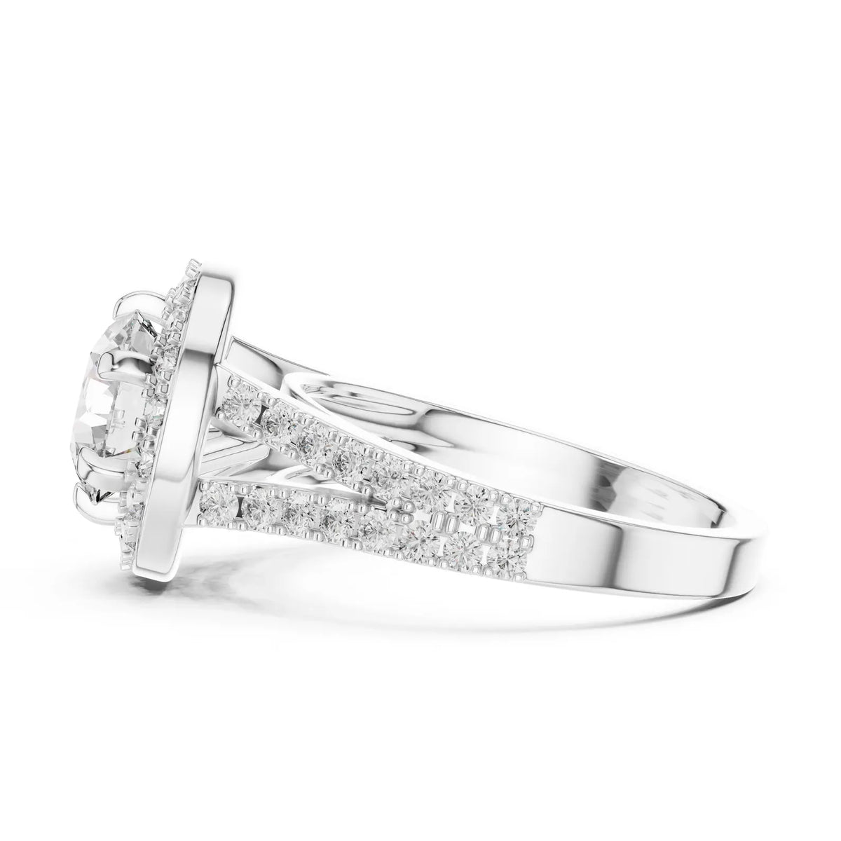 Side profile view showing the basket halo and pavé split shank of a 3 CT round lab diamond ring in white gold.
