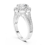 Vertical three-quarter angle view of a 3 CT round lab-grown diamond halo ring with split band in white gold.