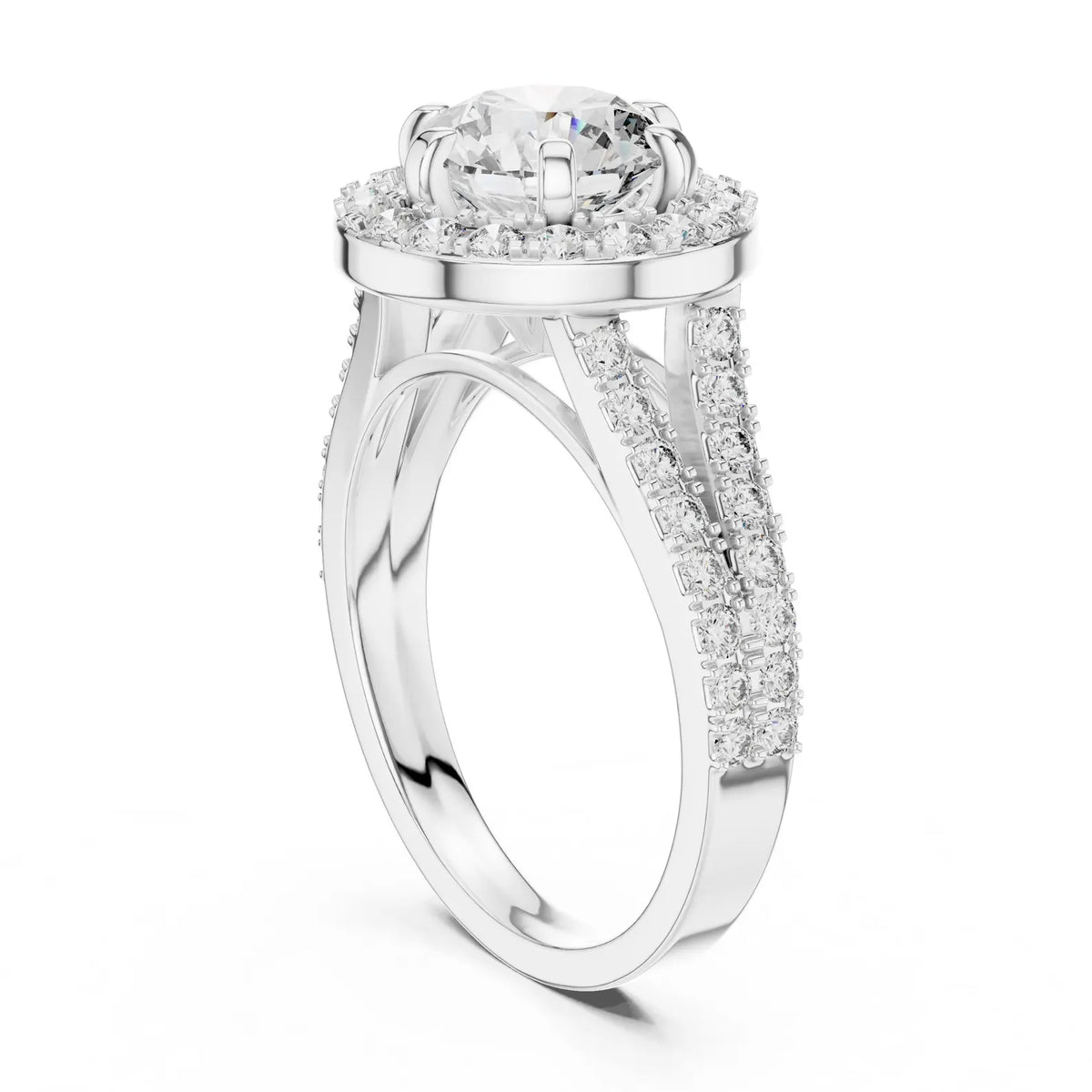 Vertical three-quarter angle view of a 3 CT round lab-grown diamond halo ring with split band in white gold.