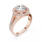 High three-quarter angle view of a 3 CT round lab diamond engagement ring with split shank in 14K rose gold.