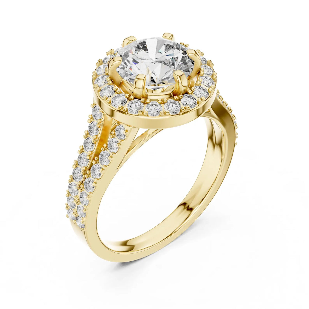 Three-quarter perspective view of a 3 CT round lab-grown diamond ring featuring a halo frame in 14K yellow gold.