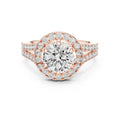 Direct front view of a 3 CT round brilliant lab-grown diamond engagement ring with split shank in 14K rose gold.