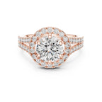 Direct front view of a 3 CT round brilliant lab-grown diamond engagement ring with split shank in 14K rose gold.