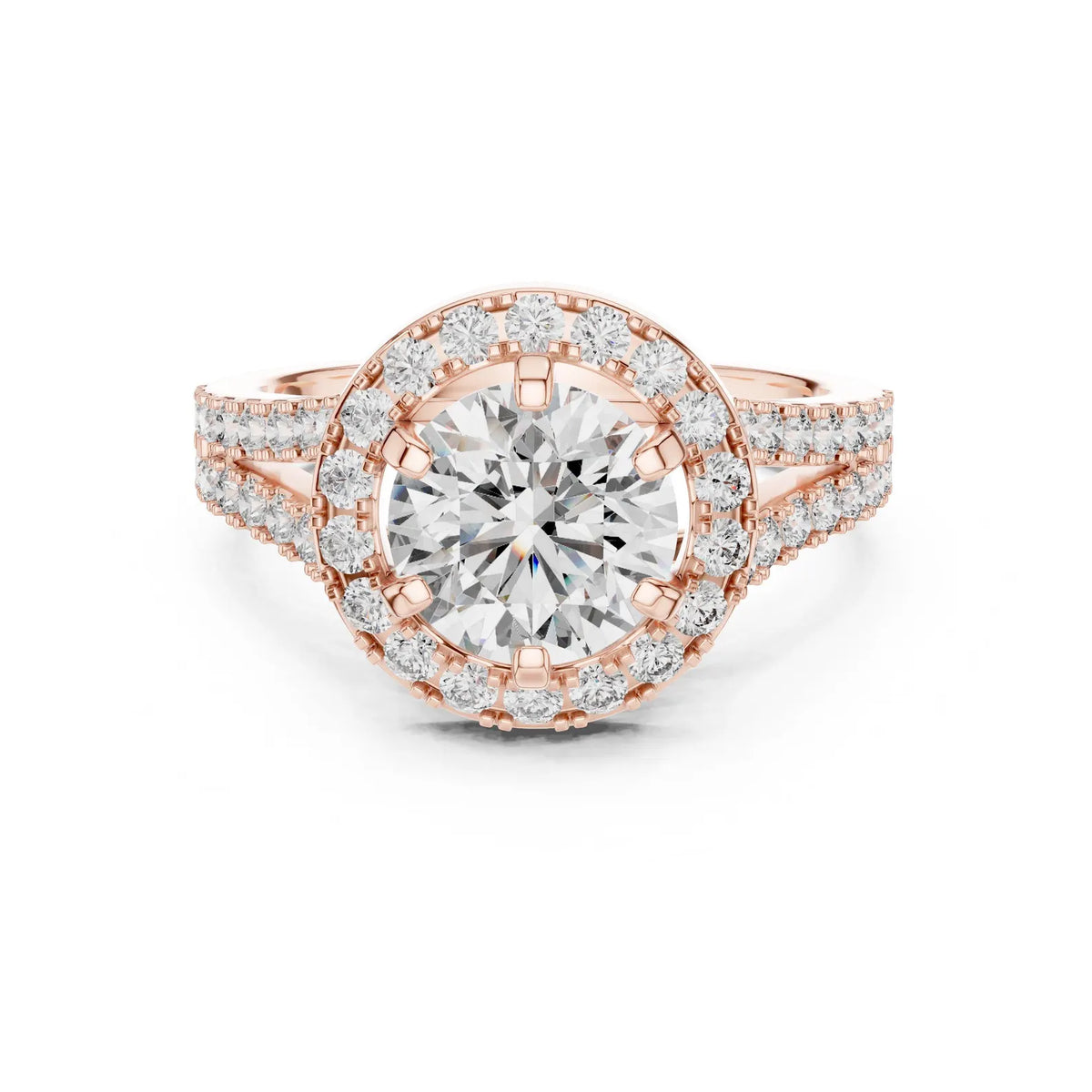 Direct front view of a 3 CT round brilliant lab-grown diamond engagement ring with split shank in 14K rose gold.
