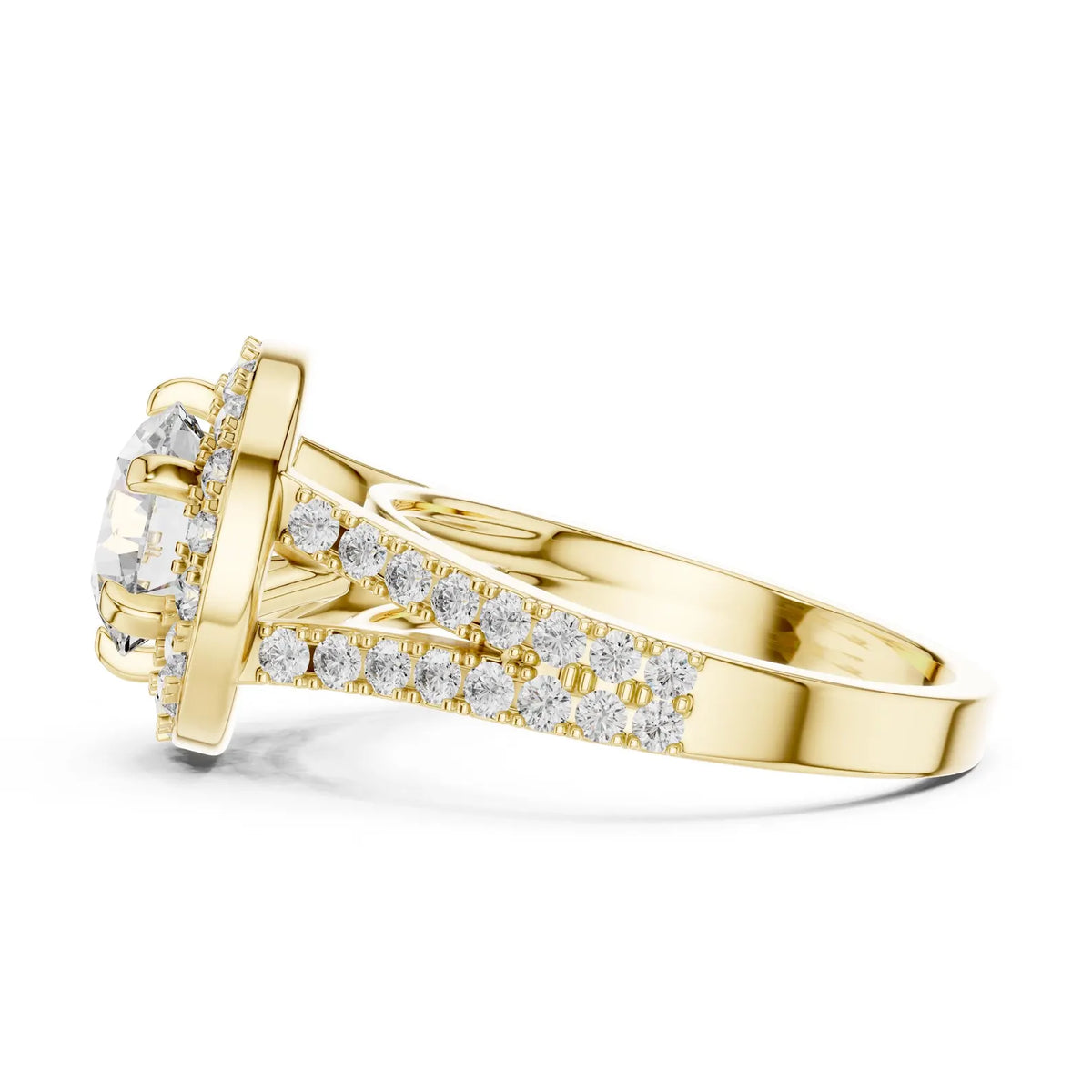 Side view profile of a 3 CT round lab diamond split shank halo engagement ring in 14K yellow gold.