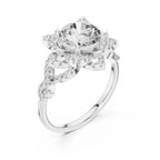Angled perspective view of a 3 CT round lab-grown diamond floral halo engagement ring with a twisted pavé band in 14K white gold.