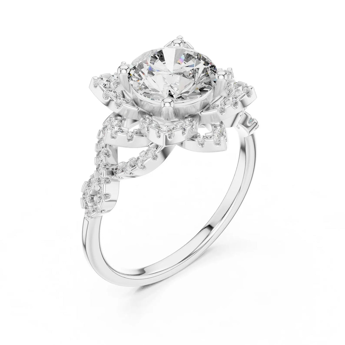 Angled perspective view of a 3 CT round lab-grown diamond floral halo engagement ring with a twisted pavé band in 14K white gold.