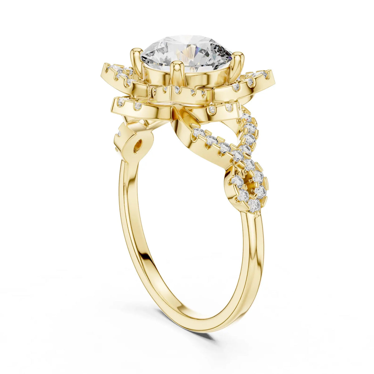 Low angle side profile view of a 3 CT round lab-grown diamond ring showing the twisted pavé shank in yellow gold.