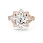 Top-down view showing the 8-pointed floral halo frame surrounding a 3 CT round lab diamond in rose gold.