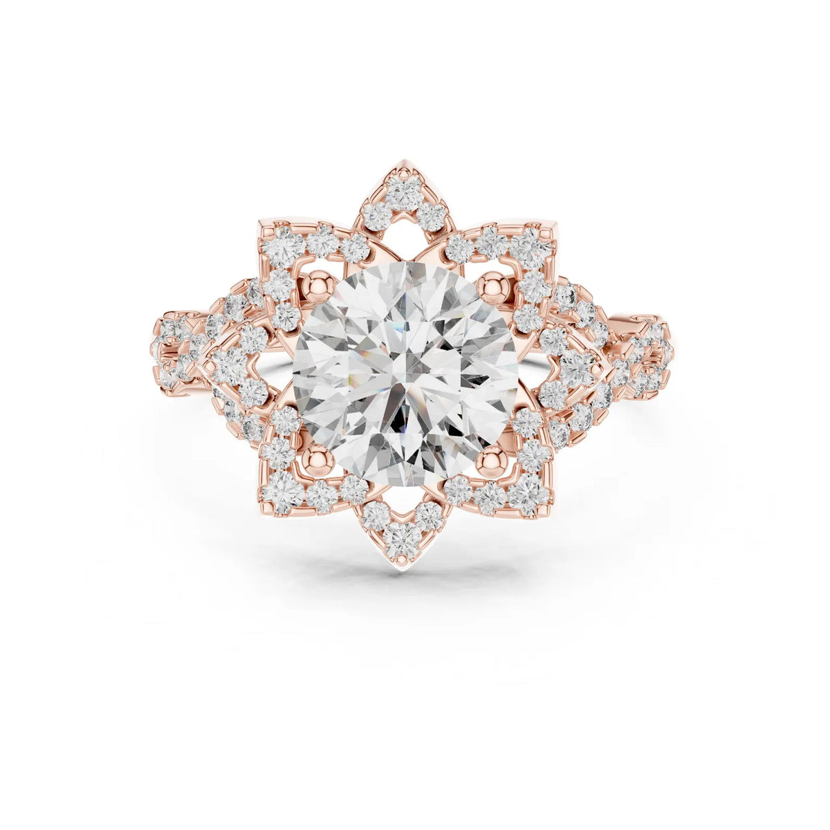 Top-down view showing the 8-pointed floral halo frame surrounding a 3 CT round lab diamond in rose gold.