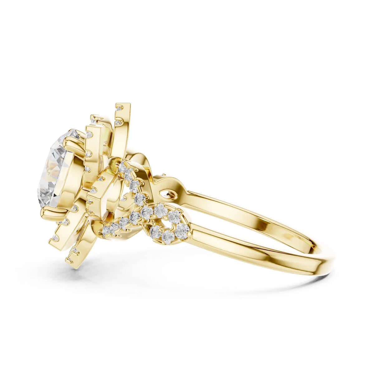 Side view profile of a 3 CT round lab diamond ring showing gallery work and twisted band in 14K yellow gold.