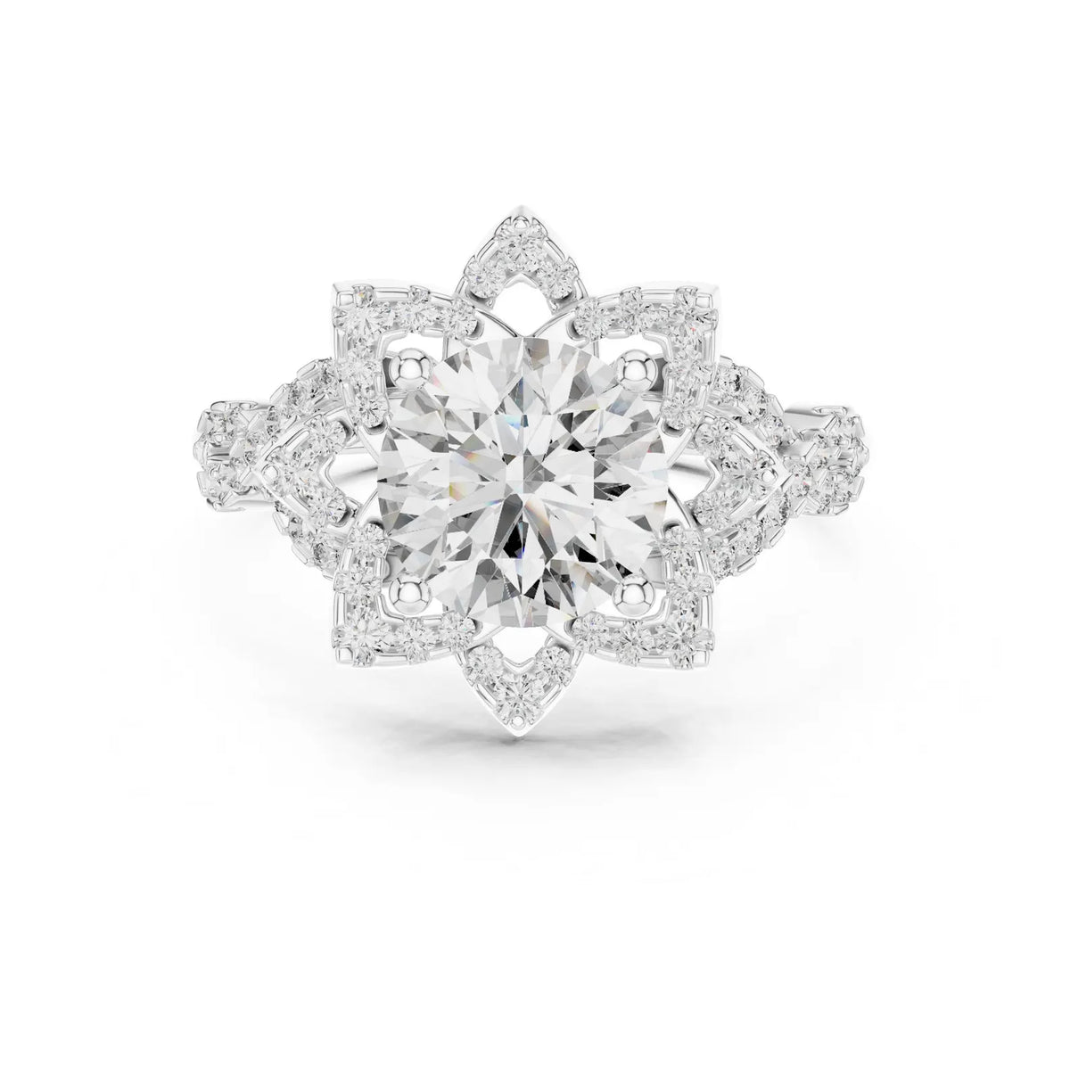 Direct top view of a 3 CT round brilliant lab-grown diamond ring with an intricate petal halo setting in white gold.