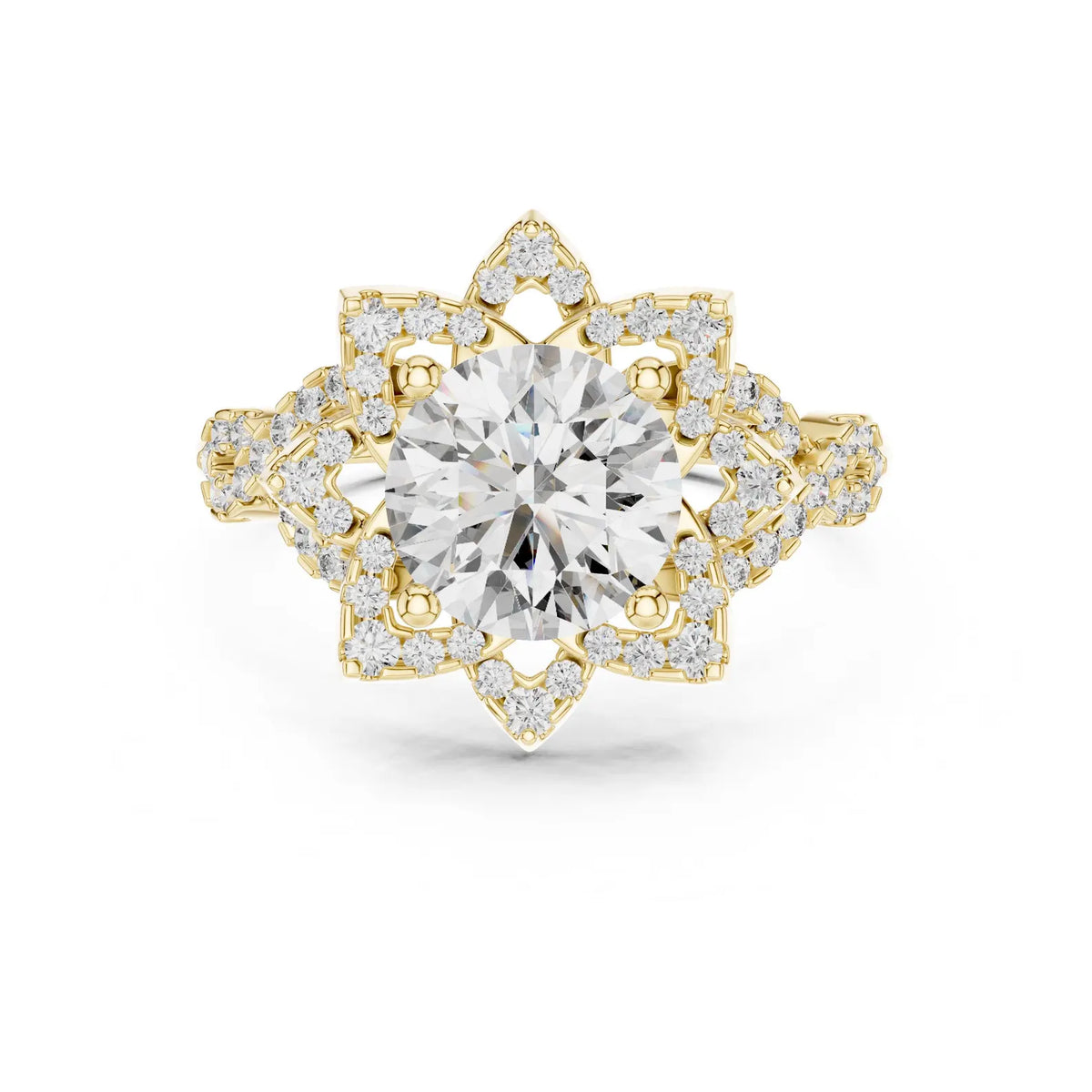 Direct top view of a 3 CT round lab diamond engagement ring with a star halo frame in 14K yellow gold.