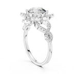 Low angle side profile view of a 3 CT round lab-grown diamond ring showing the twisted pavé shank in white gold.
