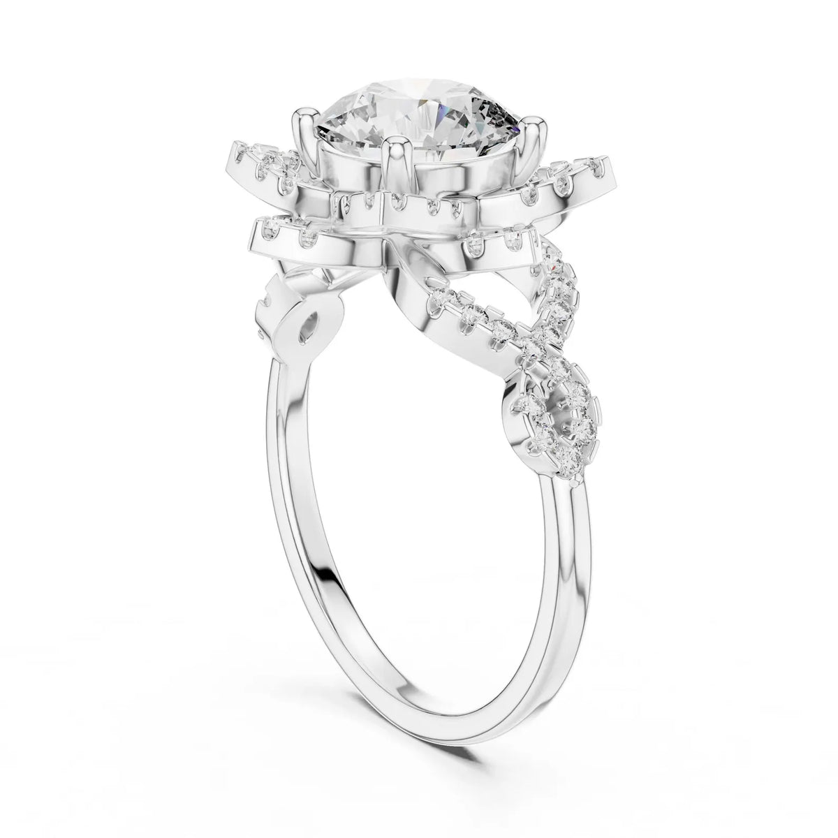 Low angle side profile view of a 3 CT round lab-grown diamond ring showing the twisted pavé shank in white gold.