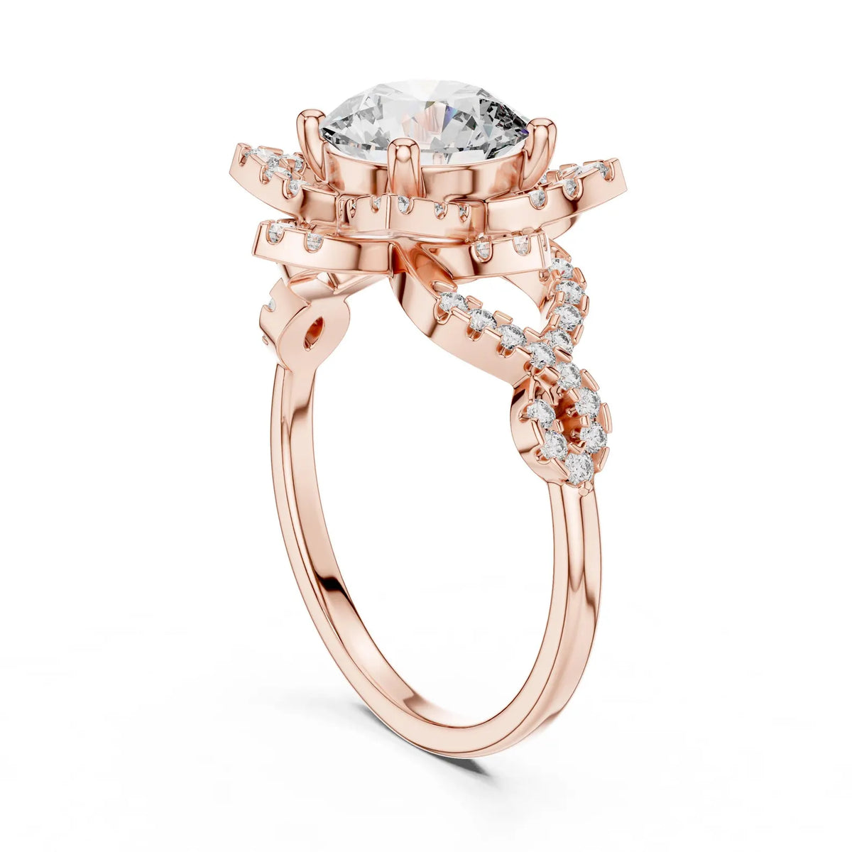 Low vertical profile view showing the intricate basket and woven band of a 3 CT round lab diamond ring in rose gold.
