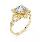 Three-quarter perspective of a 3 CT round lab diamond floral halo ring with a twisted shank in yellow gold.