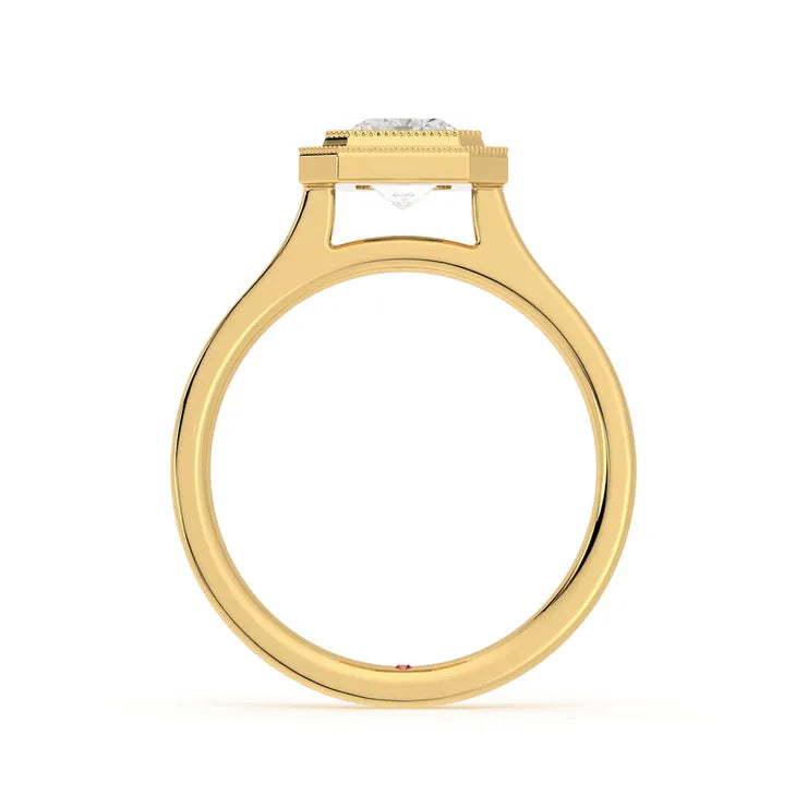 Side elevation profile view of a yellow gold 3 CT radiant lab diamond bezel ring showing the open gallery architecture.