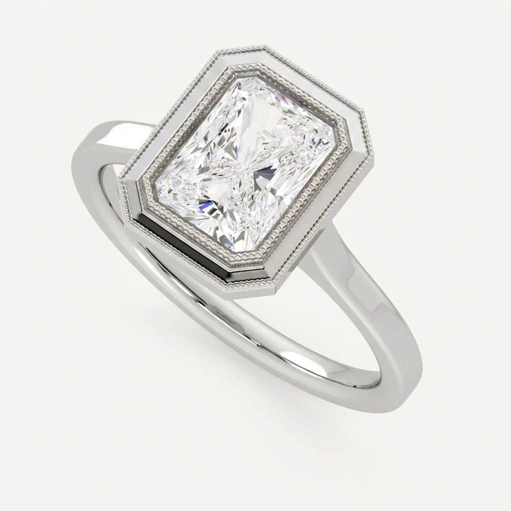 Angled 3/4 perspective view of a 3 CT radiant lab diamond engagement ring with a milgrain bezel in 14K white gold.