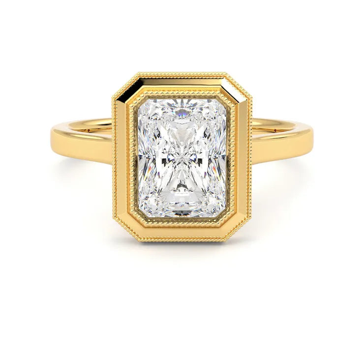 Direct top view of a 3 CT radiant cut lab-grown diamond in a yellow gold milgrain bezel setting.