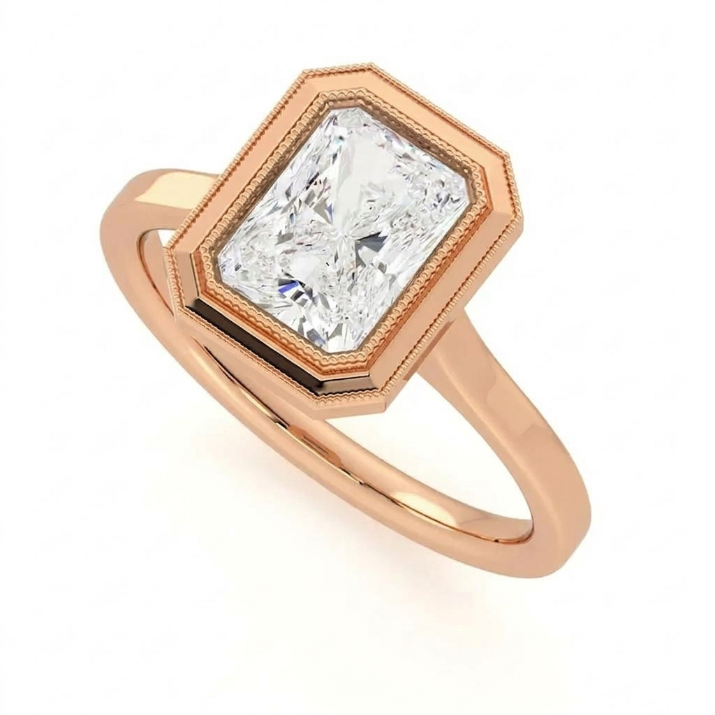 Angled view of a 3 CT radiant cut lab diamond bezel solitaire engagement ring in 14K rose gold.