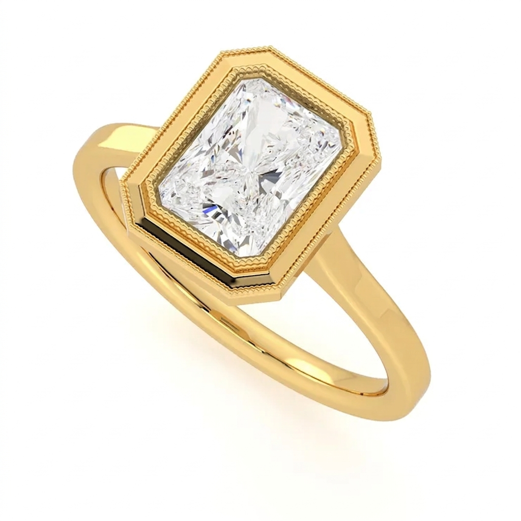 Three-quarter perspective view of a 3 CT radiant cut lab diamond engagement ring in yellow gold with milgrain detailing.