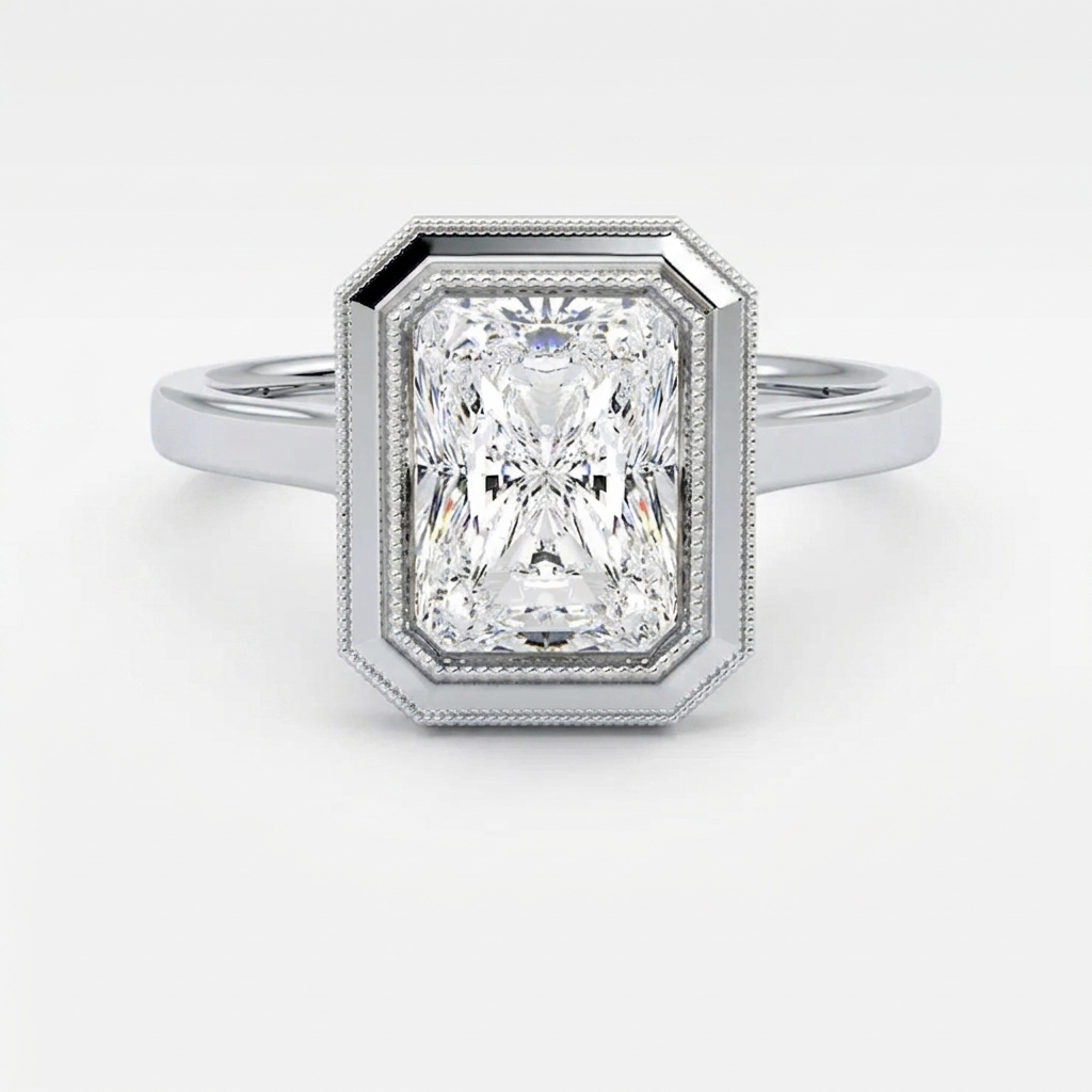 Direct front view of a 3 CT radiant cut lab diamond solitaire ring set in a white gold milgrain bezel frame.