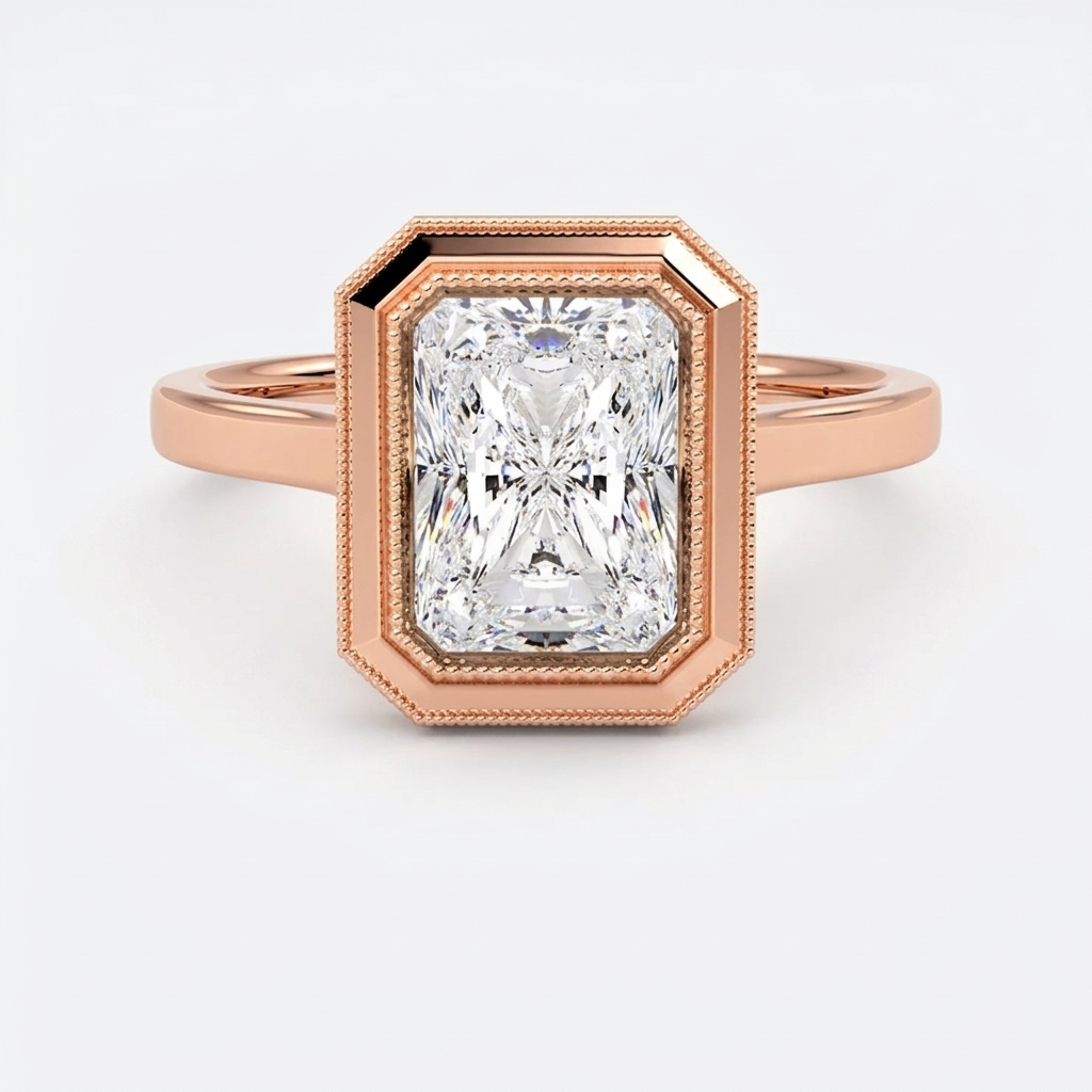 Direct front view of a 3 CT radiant lab-grown diamond engagement ring in a rose gold milgrain bezel setting.
