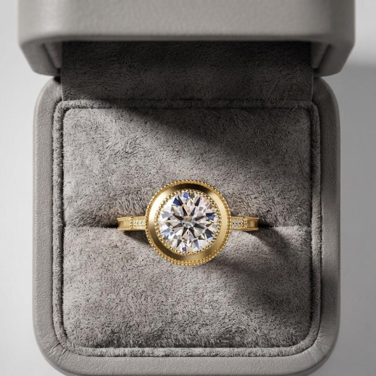 3 carat round brilliant lab grown diamond bezel ring in yellow gold resting inside a plush gray velvet ring box.