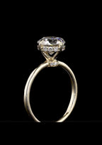 Detailed side profile view of a yellow gold round diamond solitaire featuring a diamond hidden halo and pavé accent bridge collar.