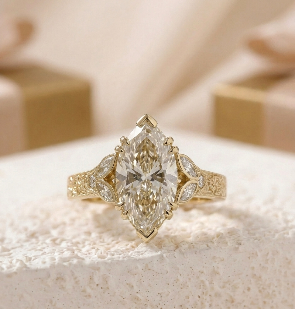 4 CT Marquise Lab Diamond Engagement Ring Hand Engraved Vintage