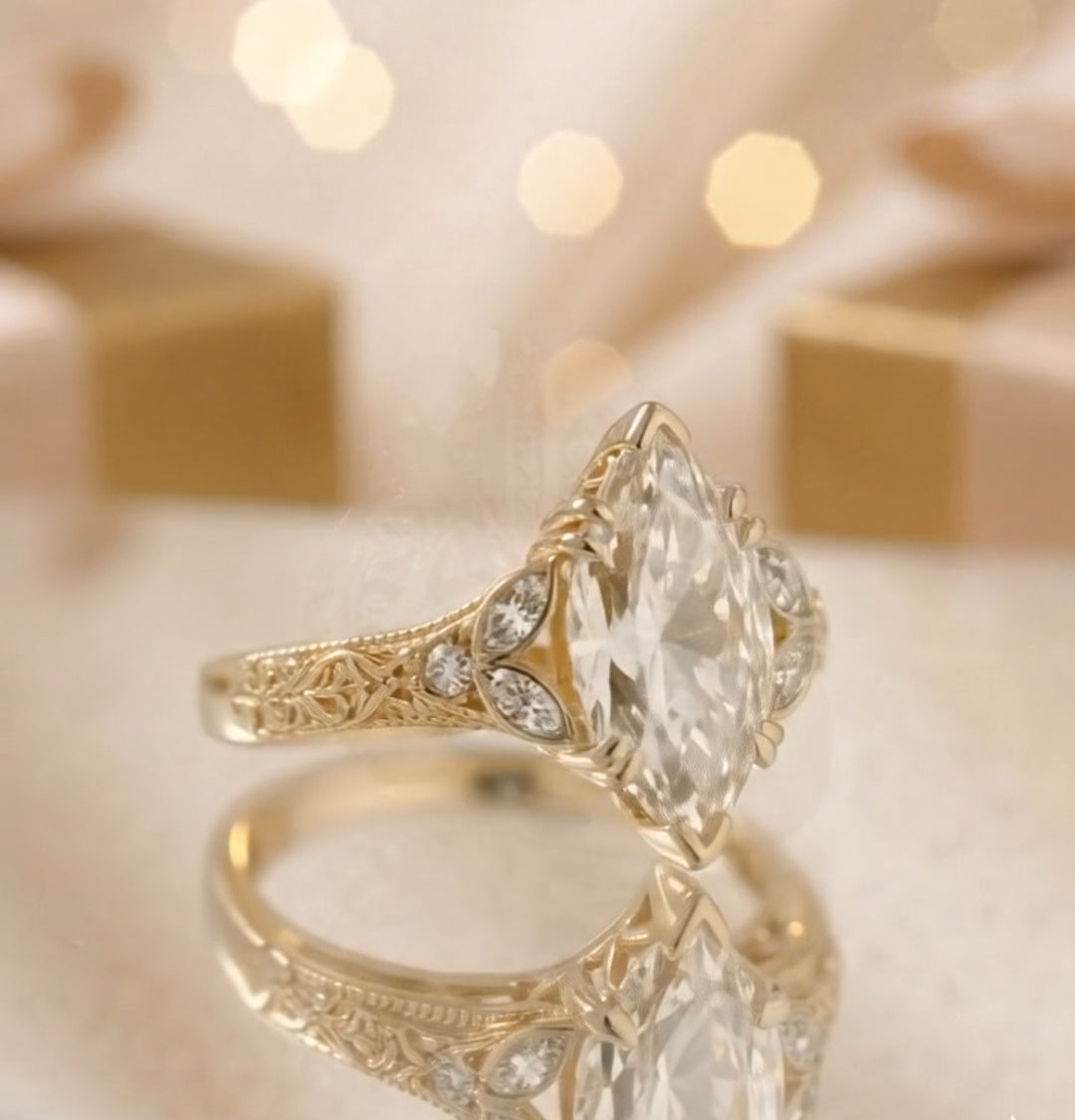 Leaf Shape Marquise Cut Side Stone Ring, Hand Engraved Band Ring