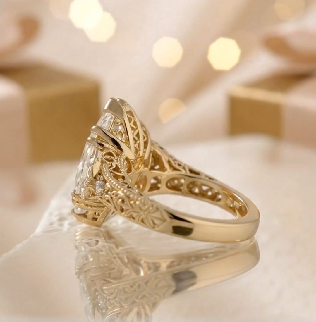 Unique Botanical Filigree Ring, Victorian Ring 4 Carat Marquise Cut Diamond Ring