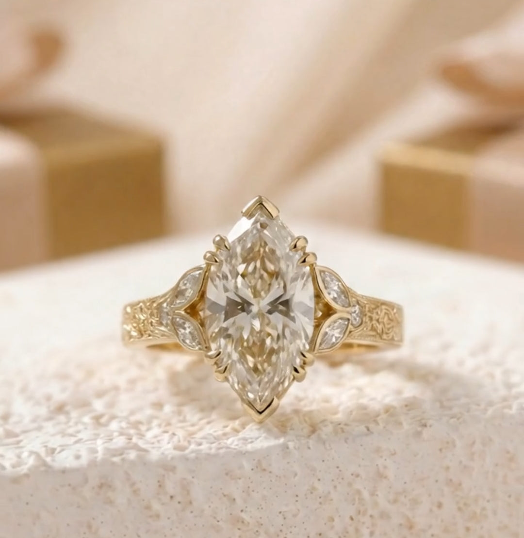 4 CT Marquise Lab Diamond Engagement Ring Hand Engraved Vintage