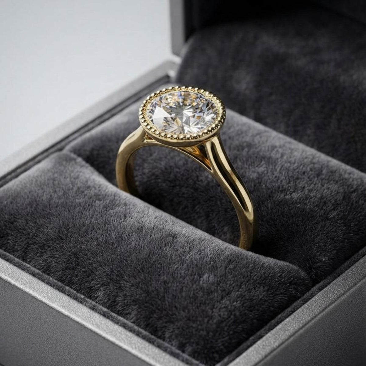 Angled side profile of a 3 carat round lab diamond milgrain bezel solitaire ring displayed in a gray velvet box.
