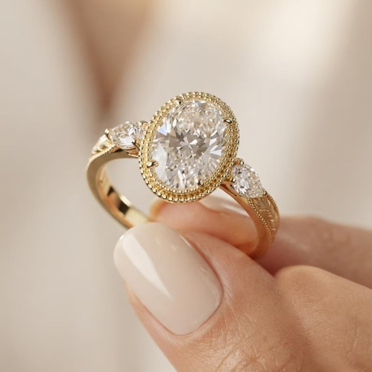 Detailed close-up view of a hand holding a 3 CT oval lab diamond ring displaying pear side accents and botanical hand engraving on yellow gold.