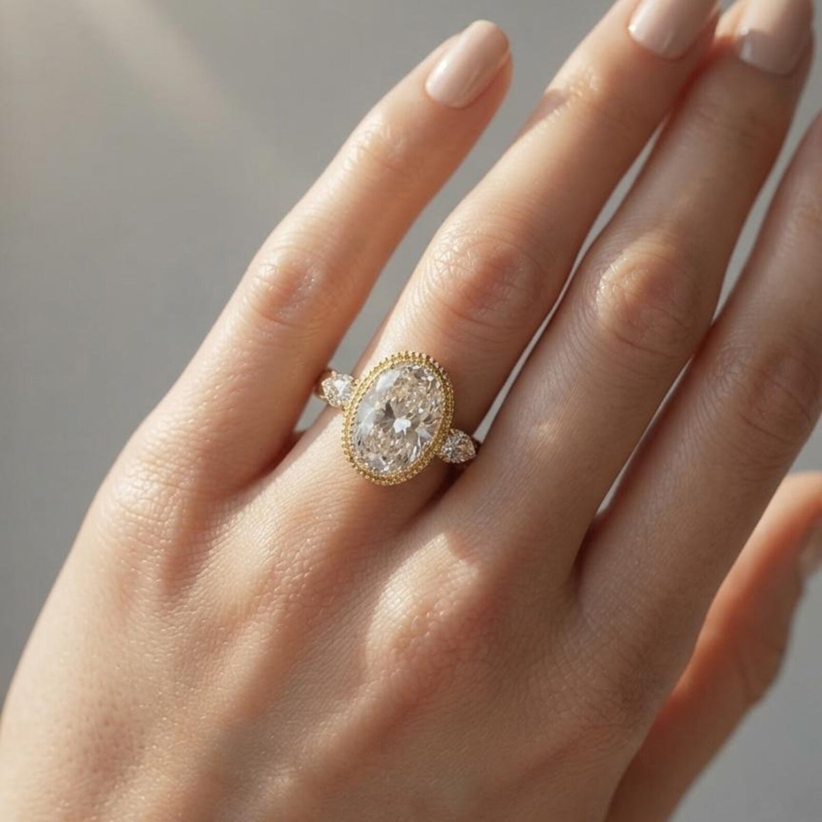 Full hand perspective in natural sunlight showcasing a 3 carat oval lab diamond three-stone ring with vintage milgrain details.
