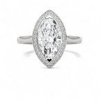 Top-down view of a 4 CT marquise cut lab grown diamond halo engagement ring with V-prong tips in white gold.