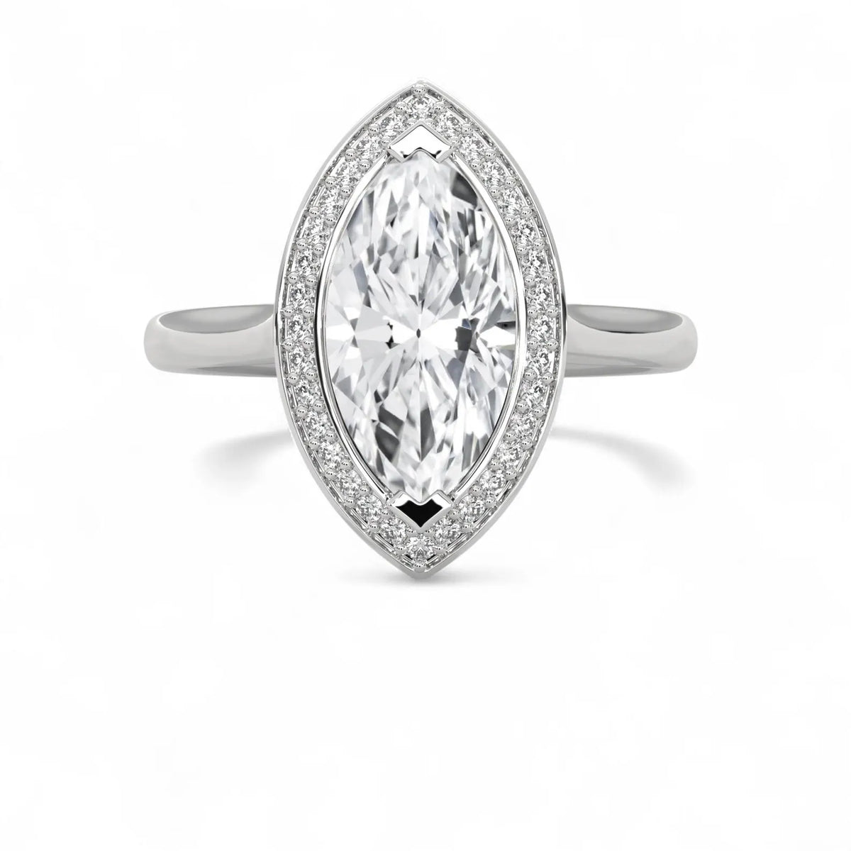 Top-down view of a 4 CT marquise cut lab grown diamond halo engagement ring with V-prong tips in white gold.