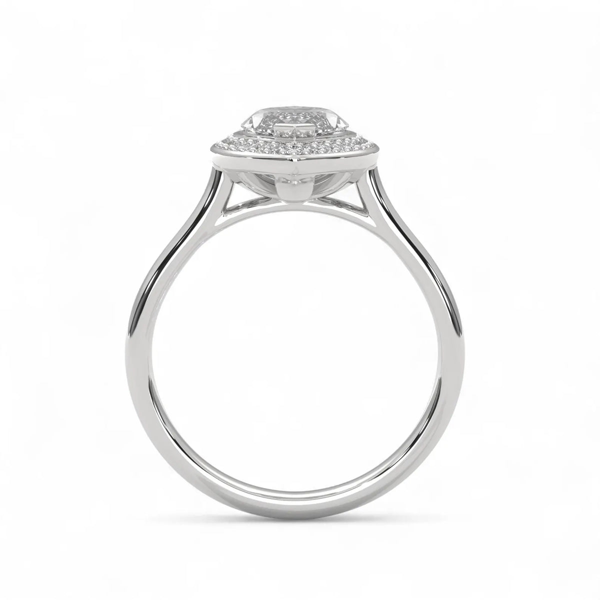 Side profile view of white gold 4 CT marquise lab grown diamond engagement ring showing cathedral bridge setting.