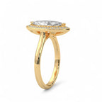 Angled side view of a 4 carat marquise lab diamond halo ring in 14k yellow gold with smooth band.