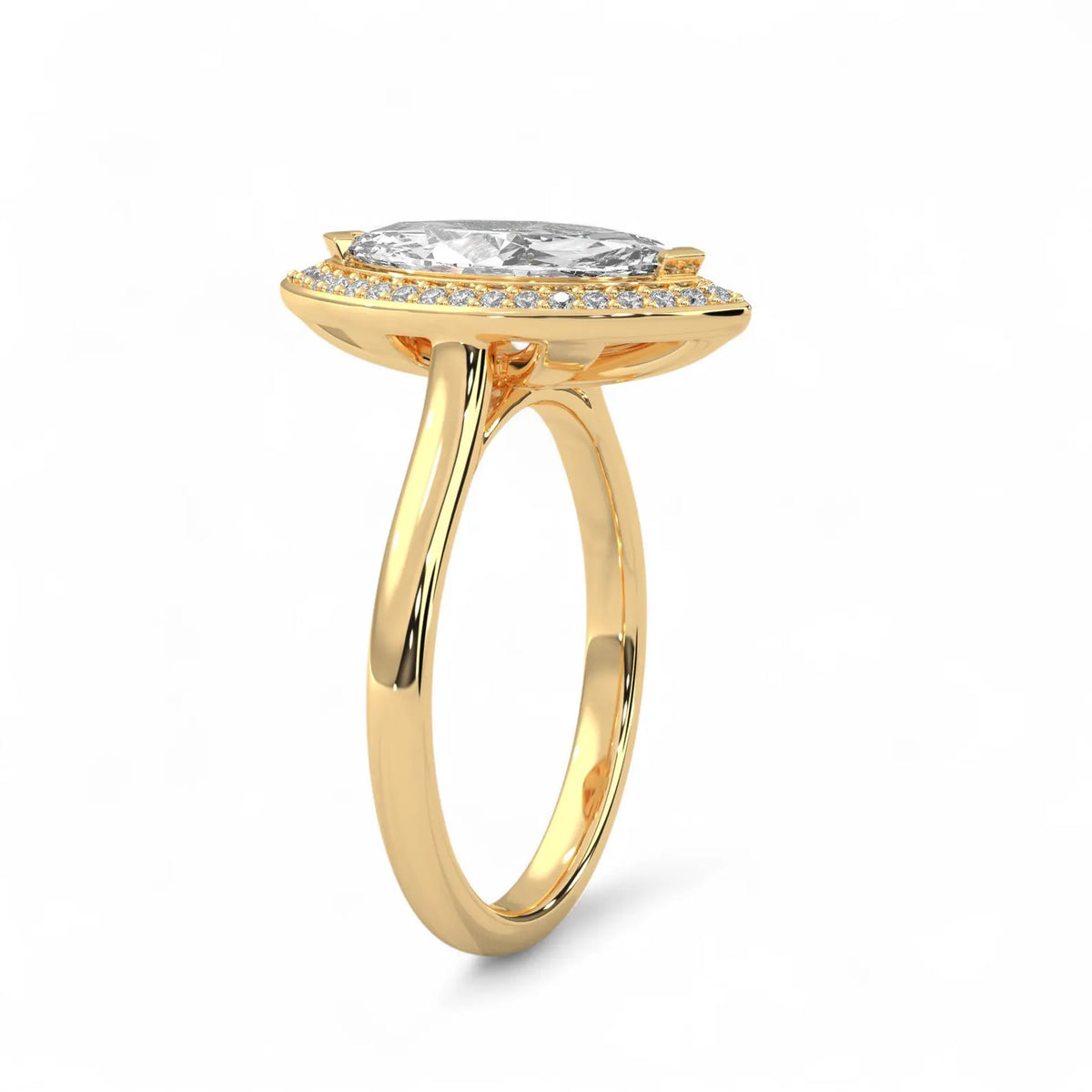 Angled side view of a 4 carat marquise lab diamond halo ring in 14k yellow gold with smooth band.