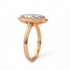 Angled side view of a 4 CT marquise cut lab grown diamond halo engagement ring in romantic rose gold.