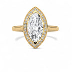 Top-down view of a 4 CT marquise cut lab diamond halo engagement ring in polished yellow gold.