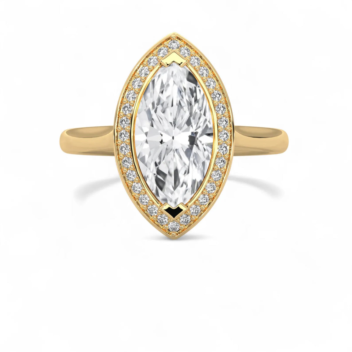 Top-down view of a 4 CT marquise cut lab diamond halo engagement ring in polished yellow gold.