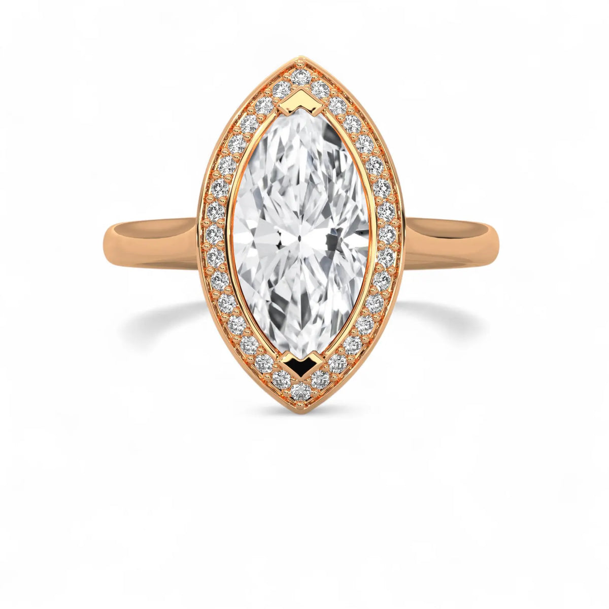 Top-down view of a 4 CT marquise lab grown diamond engagement ring with micro-pavé halo in rose gold.